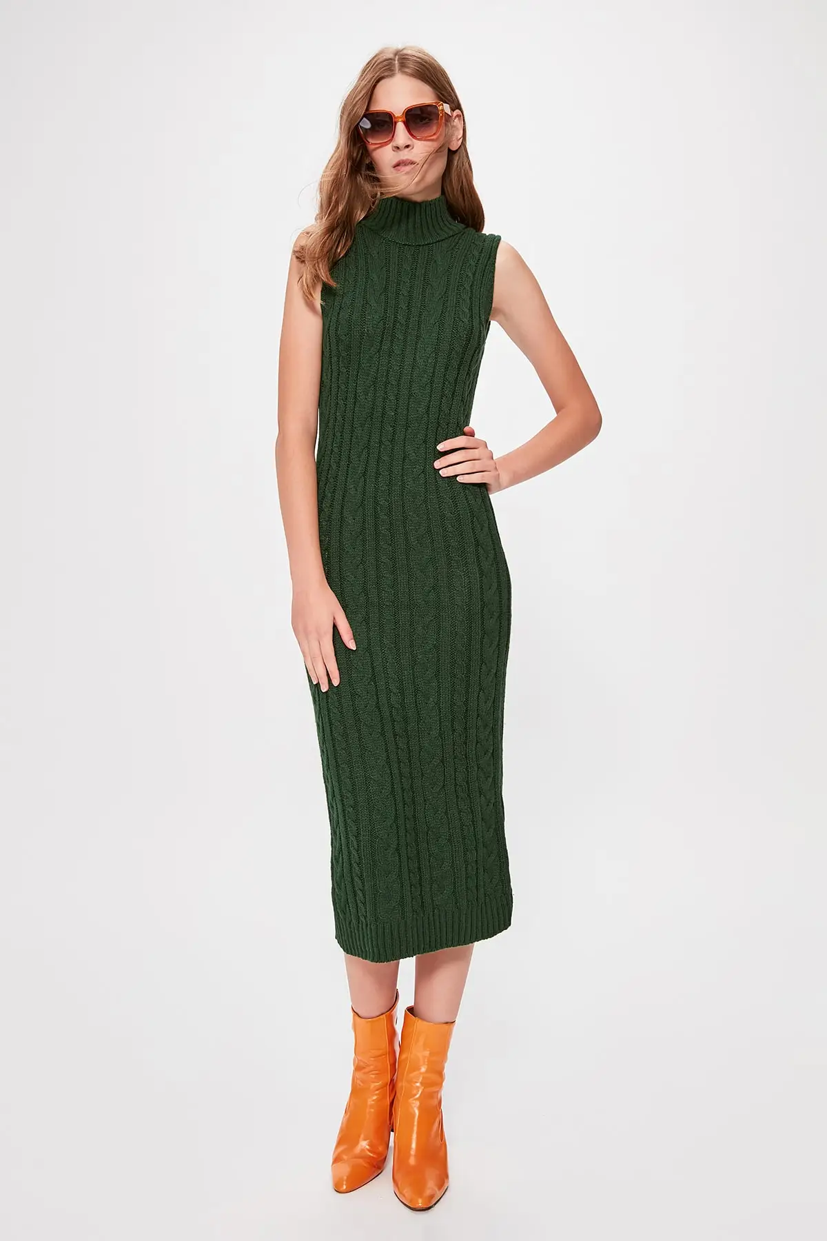 Trendyol зеленое Сетчатое платье-свитер без рукавов TWOAW20EL1625 | Женская одежда