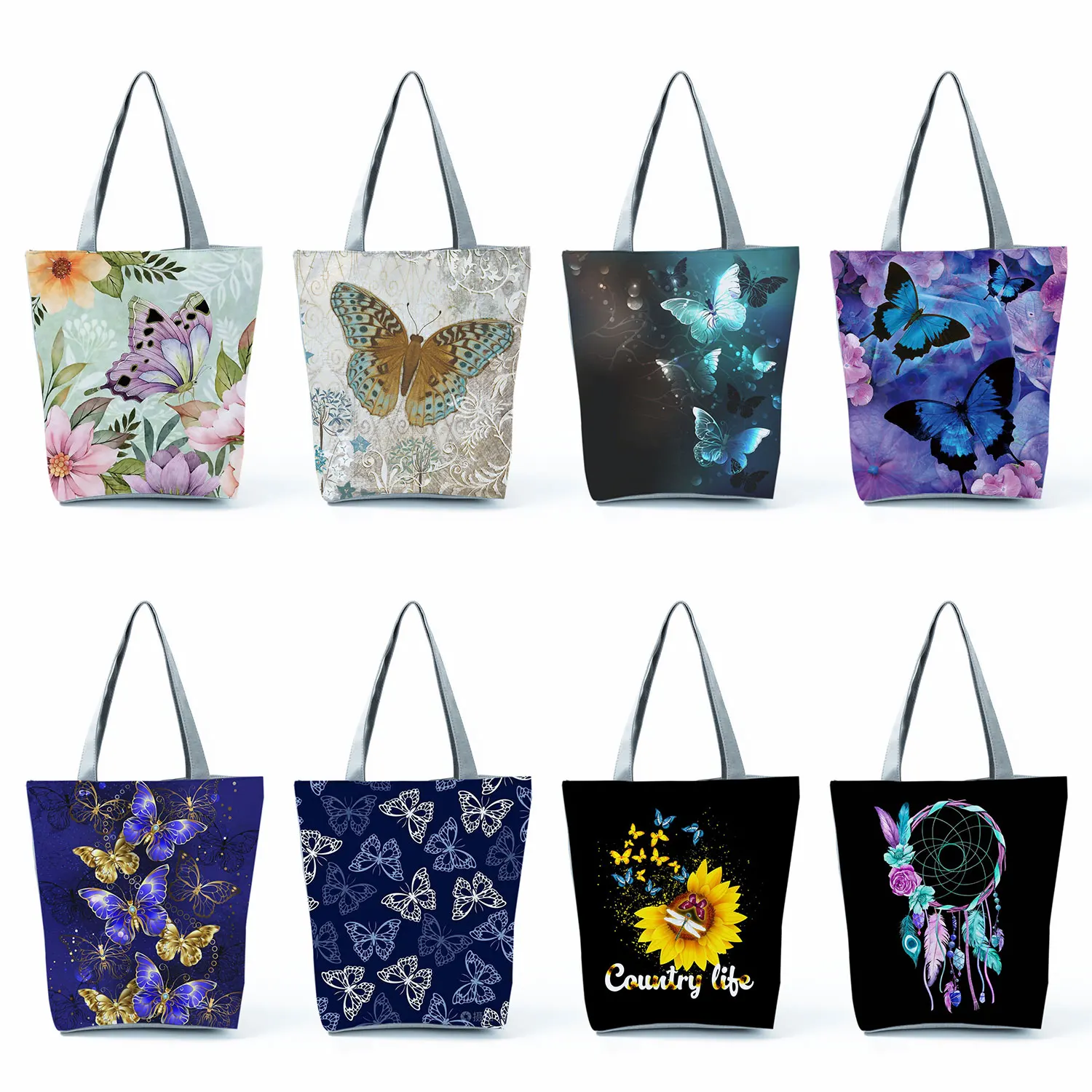 

Butterfly Printed Handbags Classic Floral Tote High Capacity Foldable Shopping Bag Reusable Women Shoulder Bag Travel Beach Bag