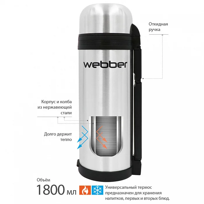 Термос WEВBER SST-1800P универсальный предназначен для хранения напитков первых и