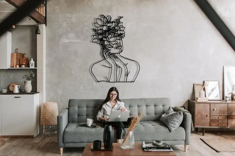 Arte de pared de l&iacute;nea, arte de pared de Metal de cara abstracta, arte minimalista, decoraci&oacute;n de pared de Metal geom&eacute;trico, decoraci&oacute;n de interiores, pared geom&eacute;trica Han-0