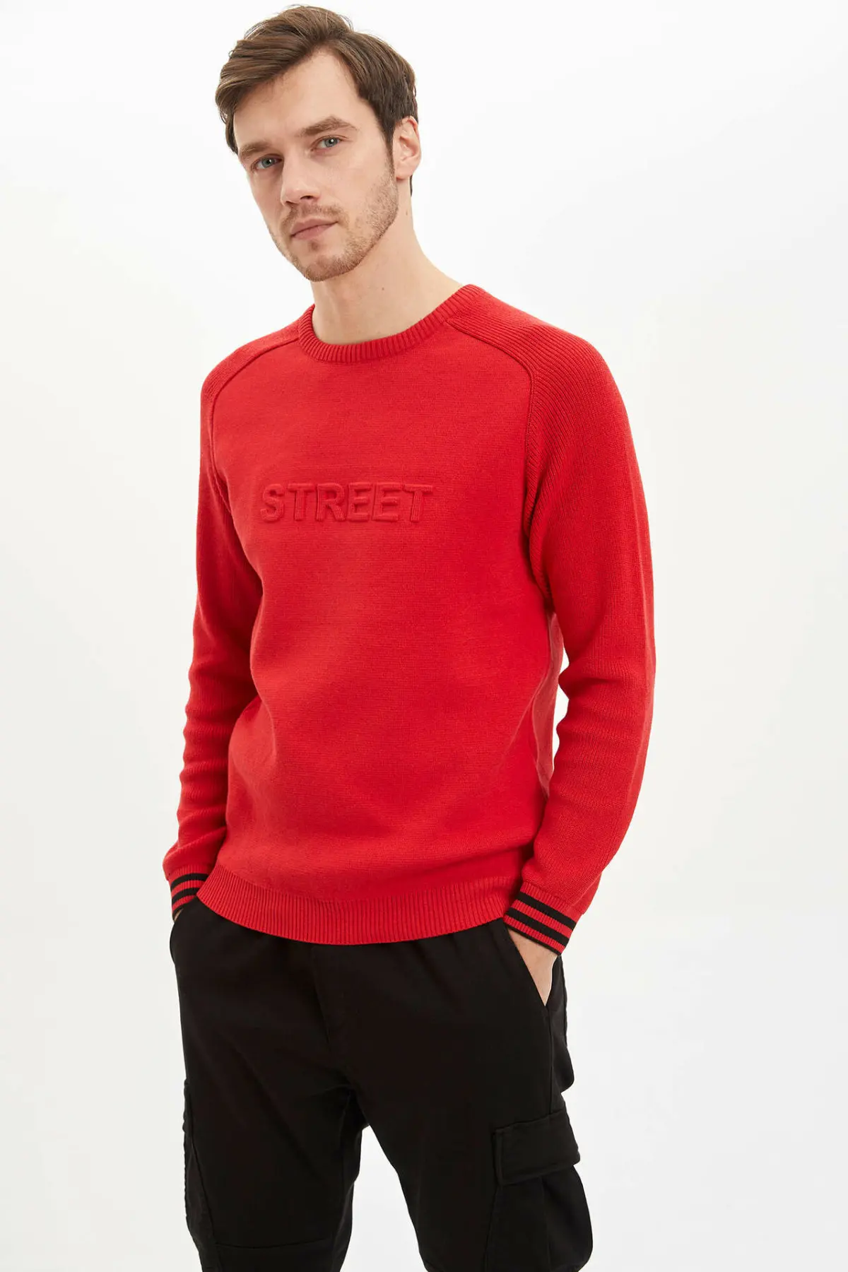 Дефакто мужские зимние красные вязаные свитера повседневные топы с круглым