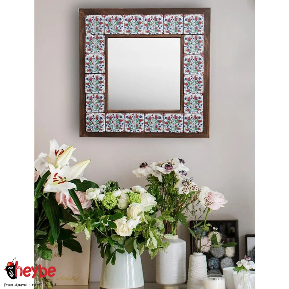 

Handmade Decorative Natural Travertine-Limestone Stone Mirror Wooden Framed Marbling Art Wall Decor Quality Gift Ideas Home Office Living Room Bedroom Bathroom Mural Square Easy Hanging Mosaic Nordic Style New 3D