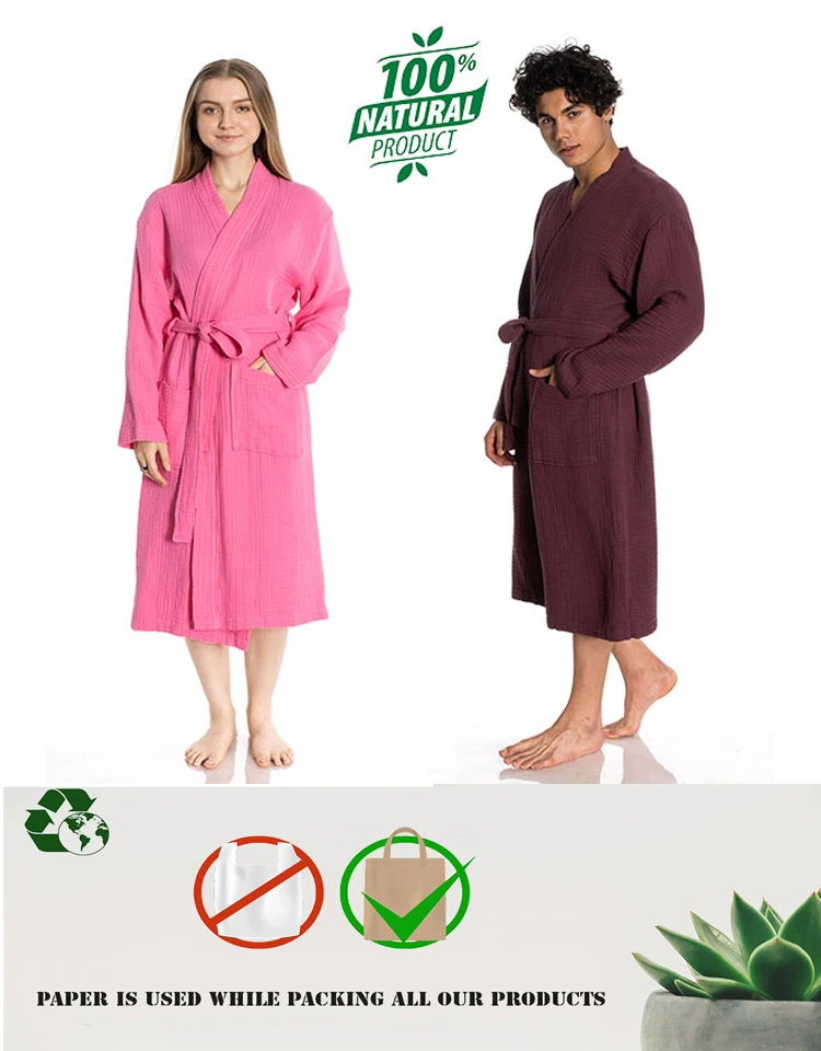 Muslin Unisex Bathrobe Turkish 100% Cotton Soft Absorbent Natural Garment Wash