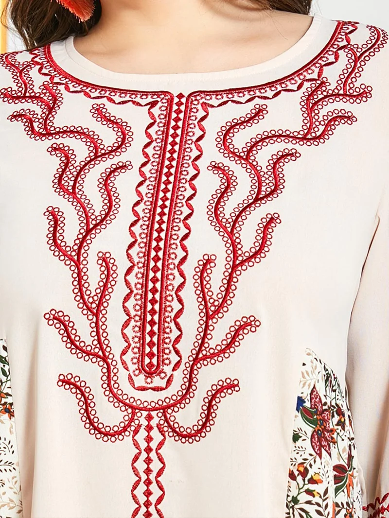 

Plus Size Women Long Sleeve Ethnic Embroidery Casual Autumn Long Dress