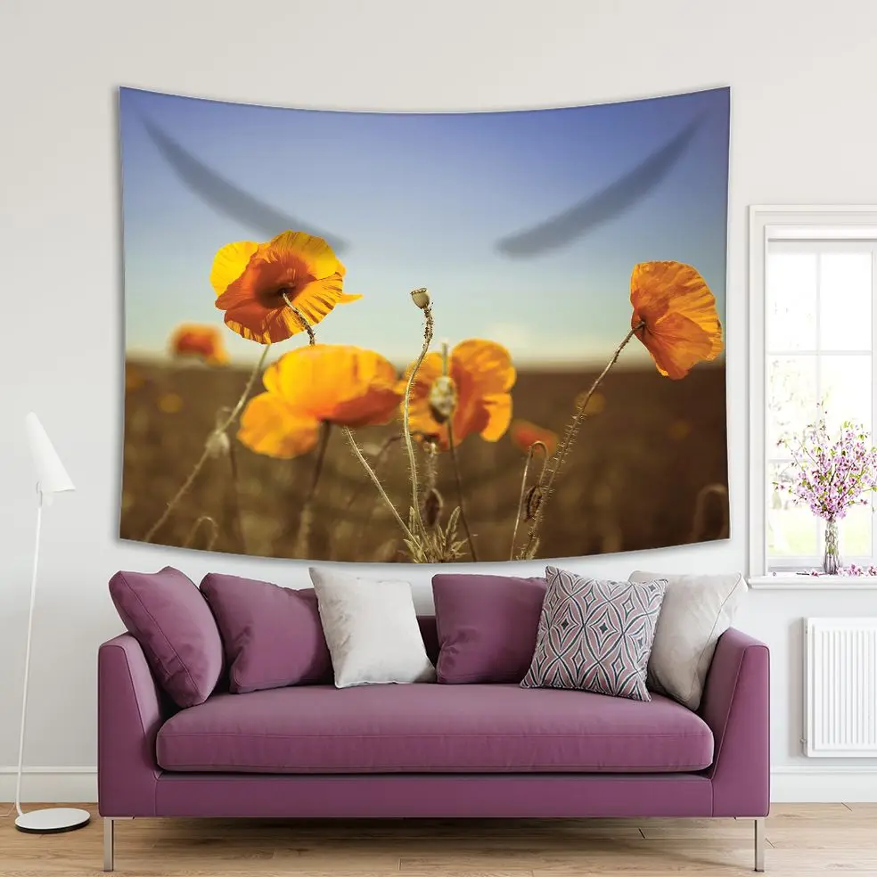 

Tapestry Wild Poppy Flowers horse Summer Meadow Wildflowers at Sunrise Nature Landscape Blue Yellow Brown