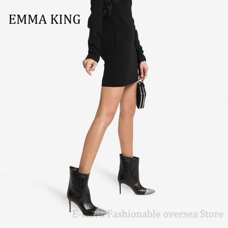 

2021 Spring Women Ankle Boots Black Faux Leather And Suede Crystal Embellished Boots Sexy Pointed Toe High Stiletto Heels Boots