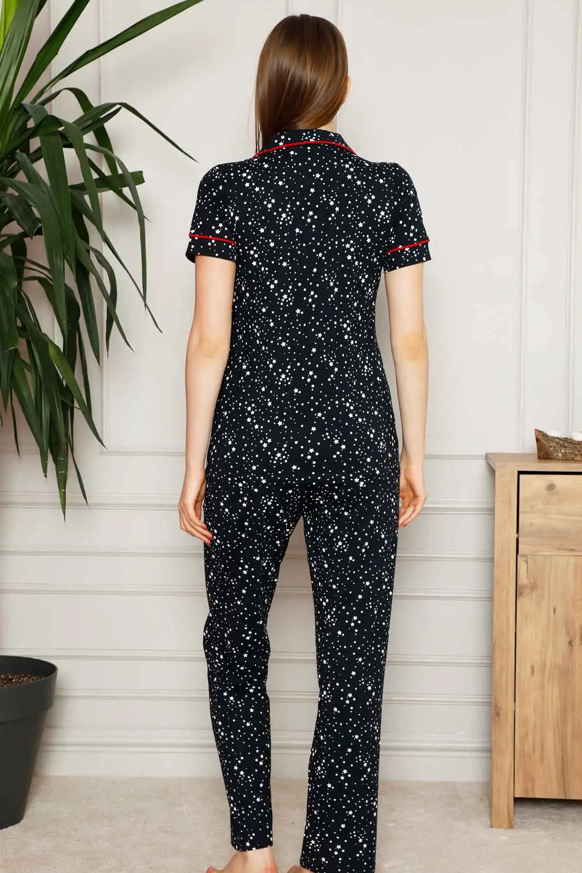 

New Summer Spring Women Pajama Sets Short Sleeve Sleepwear Pajamas Suit Homewear Overnight Dressing Gown Star Pattern