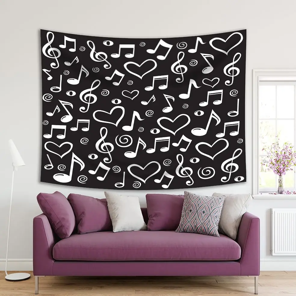 

Tapestry Musical Notes Clefs Heart Shapes Love for Music Black and White Modern Artwork Printed