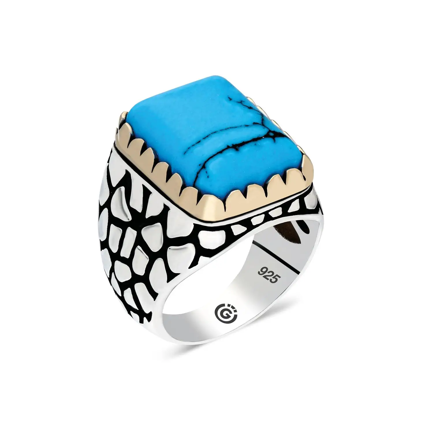 

Solid 925 Sterling Silver Ring with Raw Rectangle Blue Turquoise Gemstone and Dalmatian Motif for Men Accessories Long Lasting