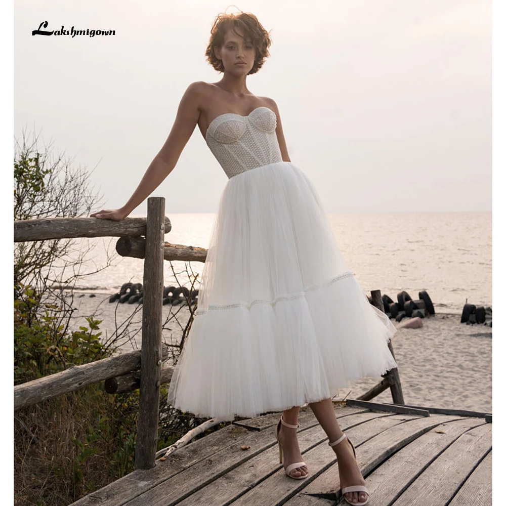 

Charming Sleeveless Button Sweetheart Netting Mid-Calf Lace Short A-LINE Wedding Dress 2022 Bridal Gown vestidos de fiesta