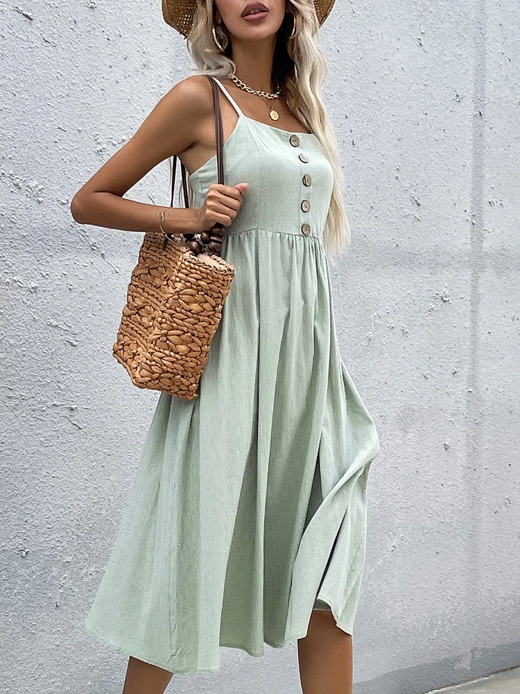 

ATUENDO Summer Solid Green Sexy Maxi Dress for Women Fashion Wedding Guest Vintage Robe Casual Soft Silk Long Women's Dresses