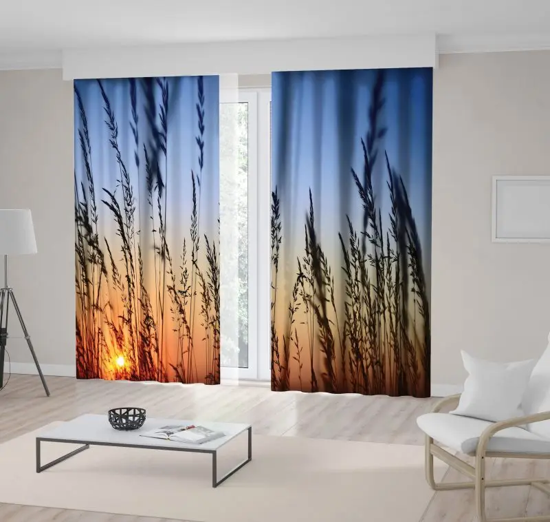 Занавес романтический Закат пейзаж с высокой травой голубое небо оранжевый