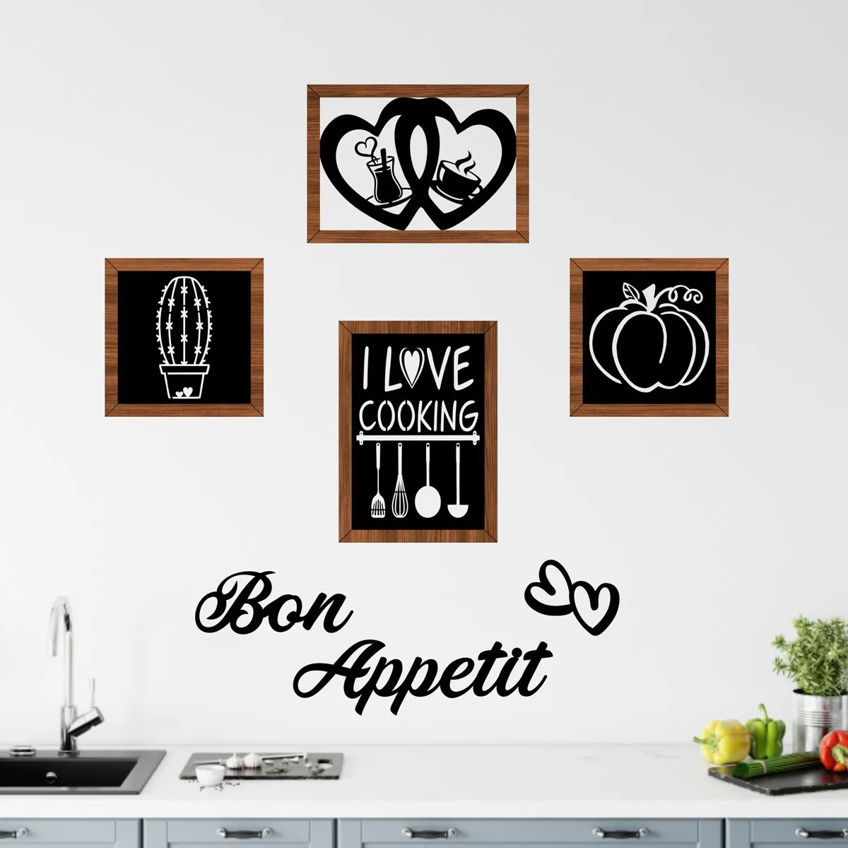 

3D Wall Wood 7 Piece Kitchen Tea Coffee Bon Appetit Design Wall Decoration Signboard Decor New Style Home Art Home Gifts Vintage
