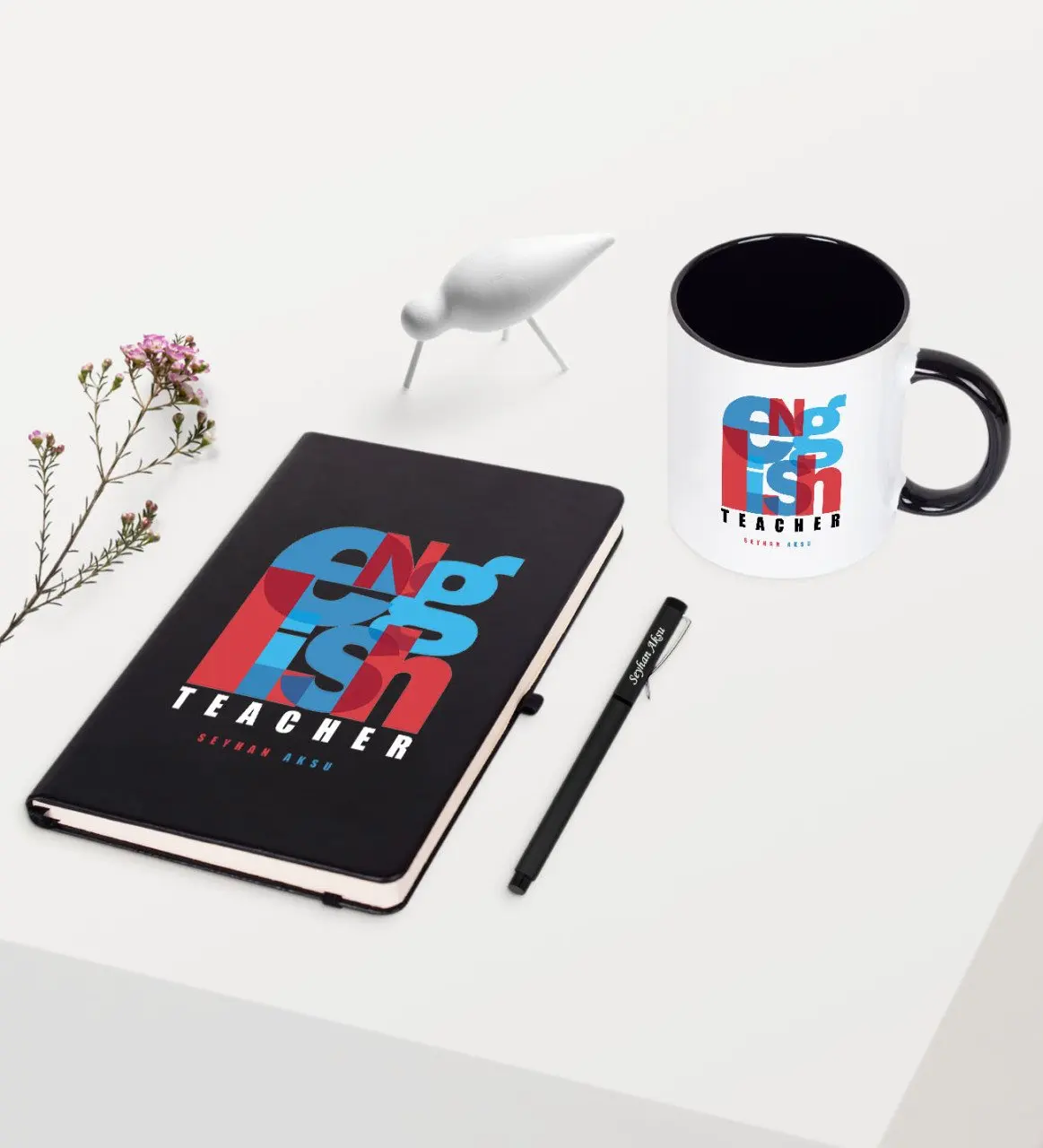 

Personalized English Teacher Themed Black Notebook Pen Mug Set-1