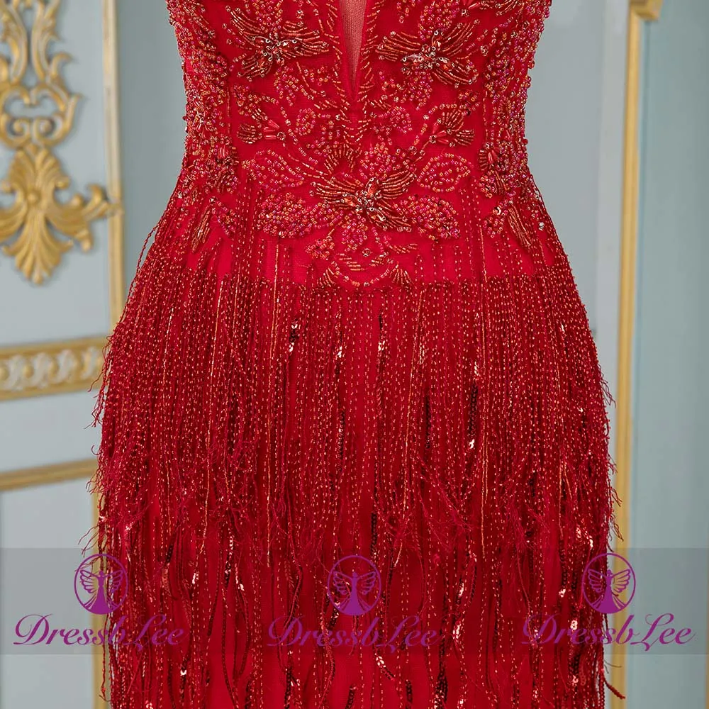 DressbLee 2020 Fashion Red Long Crystal Prom Dress Sleeveless Fringed Pageant Dress Robe de Soiree
