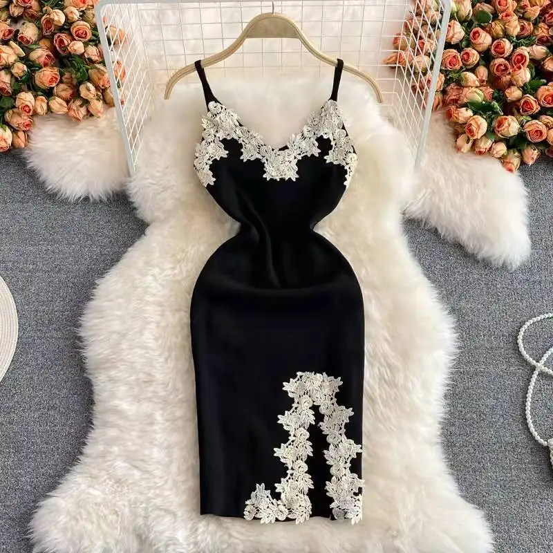 

Summer Women Dresses Elegant Sling Sexy Split Flower Sexy Strap Black Slit Strap lace embroidery V-neck Knit Sheath Dress