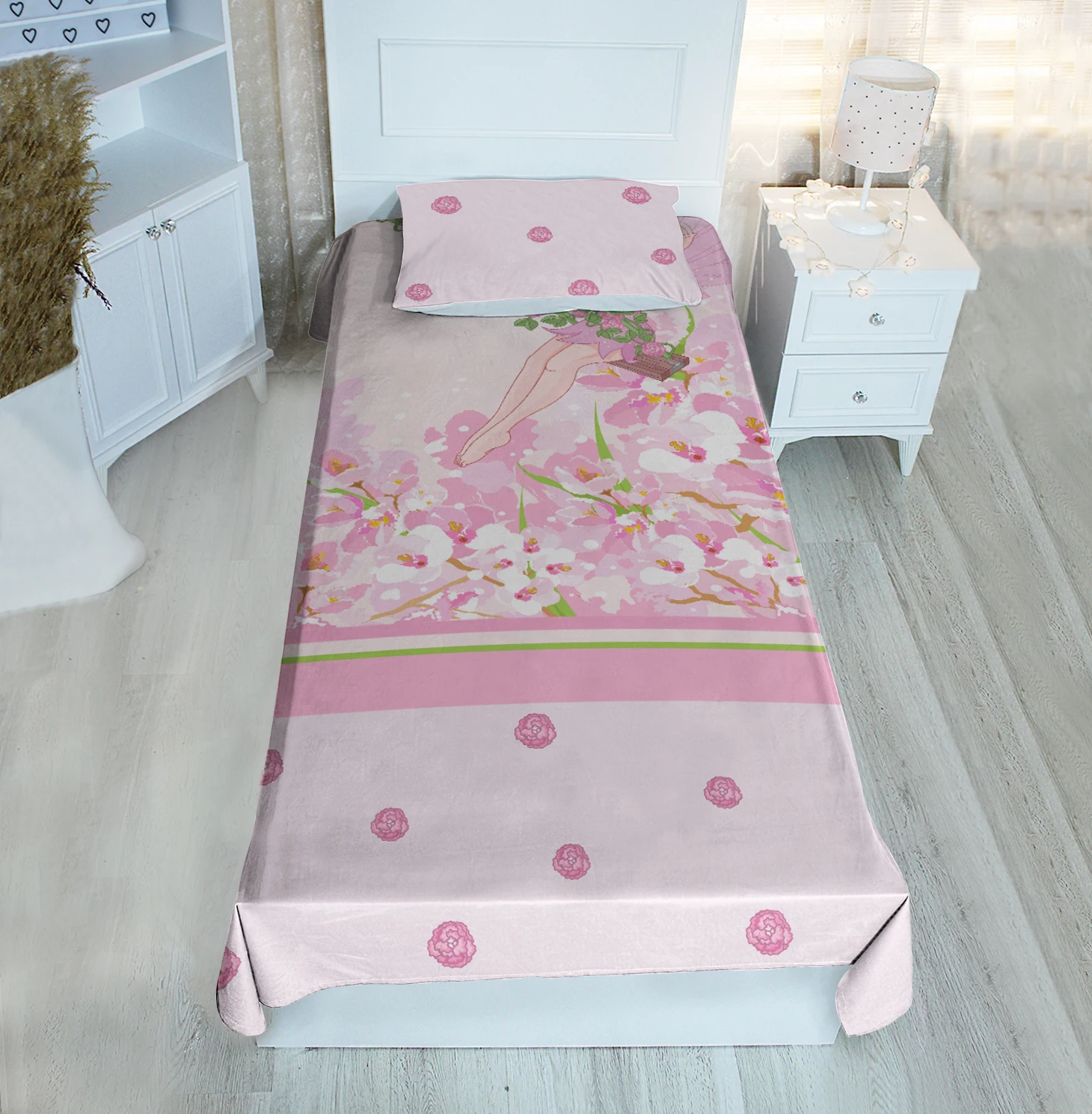 

Pink single bed cover Pink elf flower plant patterned velvet fabric Free Shipping quality product kids room decoration