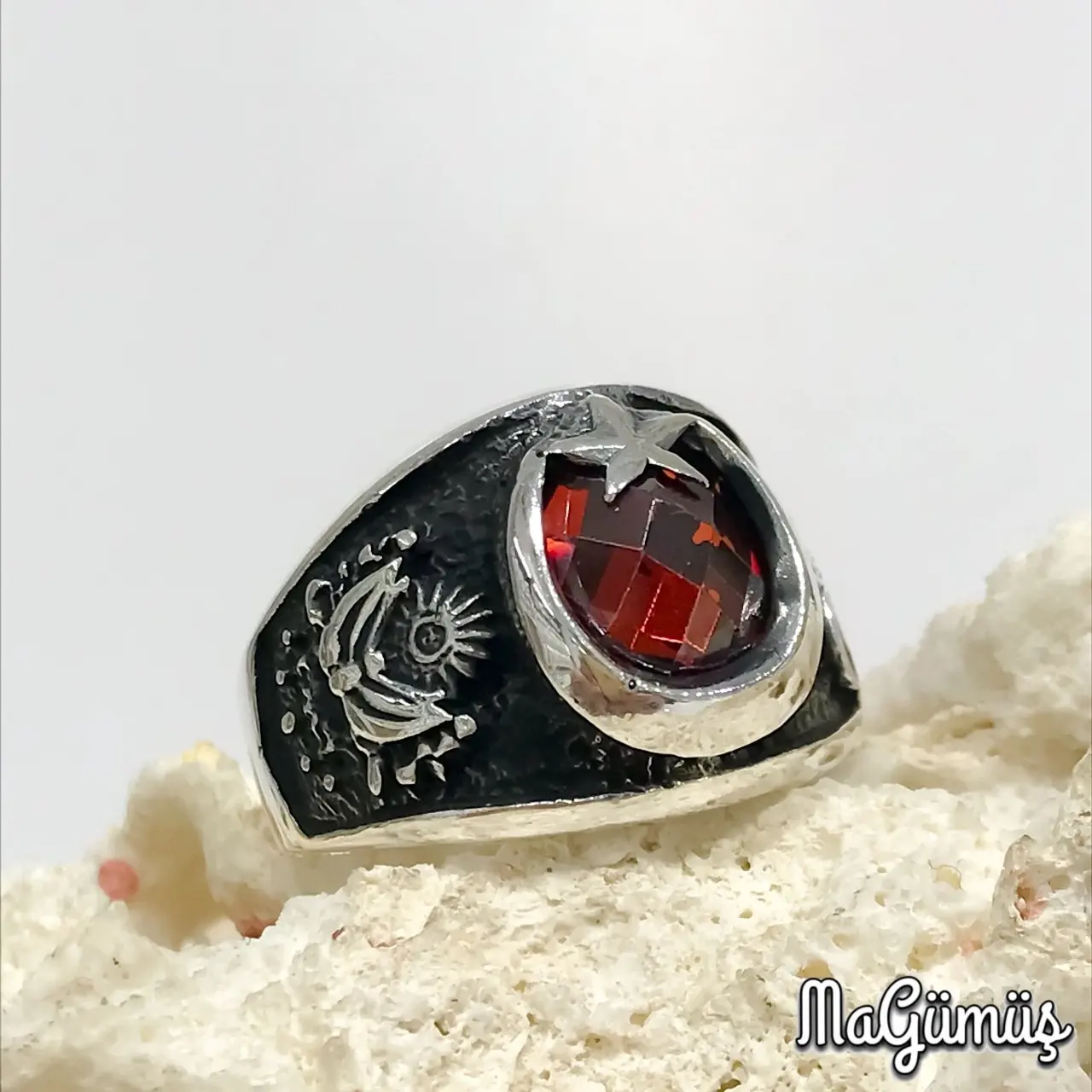 

Classic the Moon the stars Red Tuğra Ottoman Rigging Silver Men 'S Ring