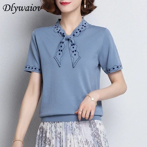 Pullover Women Short sleeve Knitted T shirt 2021Bow-neck T-shirt women's top Tshirts summer Female clothes casual spring fashion