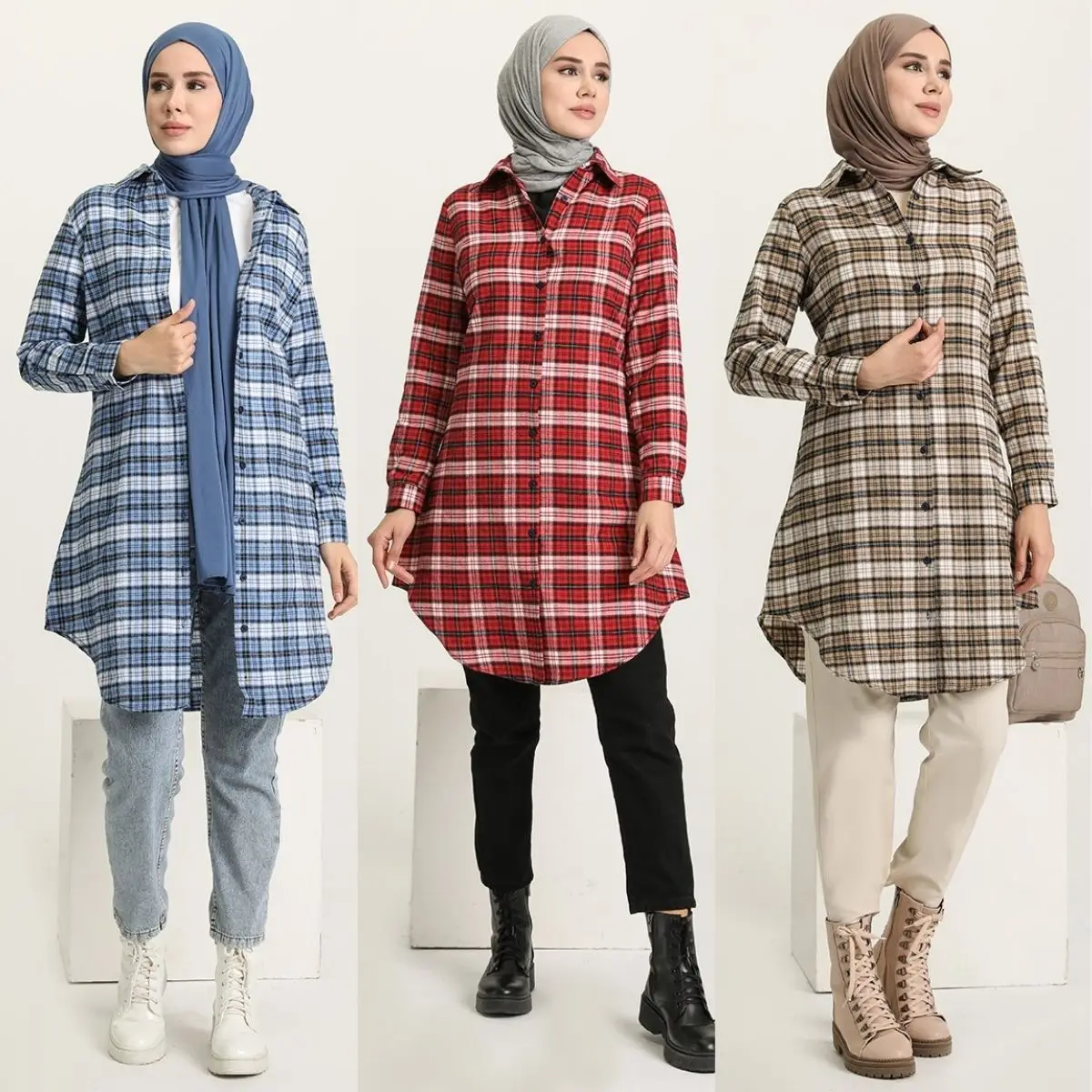 

Plaid Check Tunic Buttoned Unlined long sleeve shirt collar Winter Autumn Women Muslim Fashion Hijab Clothing Turkey Dubai Casua