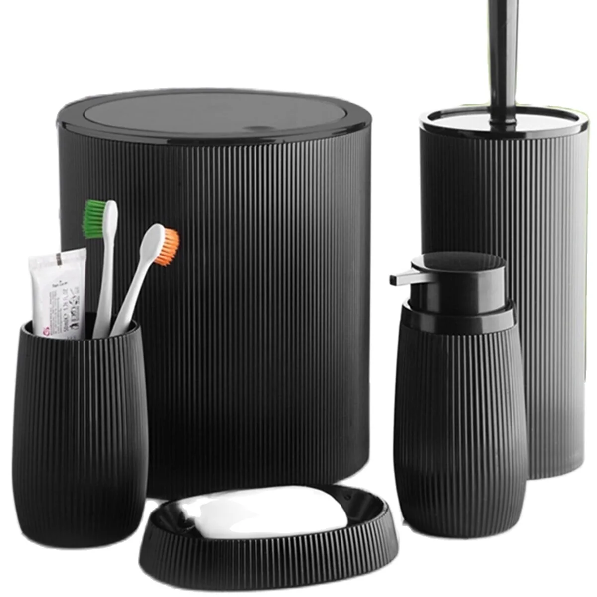 Striped Round 5'li Bathroom Set Toothbrush Cup Soap Dispenser Toilet Brush Trash can Plastic New Quality Modern Color Toilet