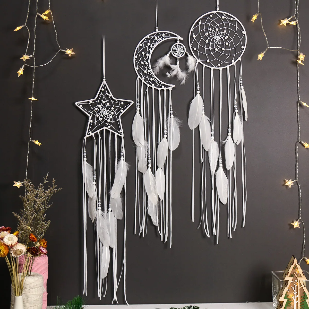 

Crescent Star Home Decoration Dream Capture Net Home Style Wall Hanging Wall Decoration Cloth Strip Dream Capture Net Pendant