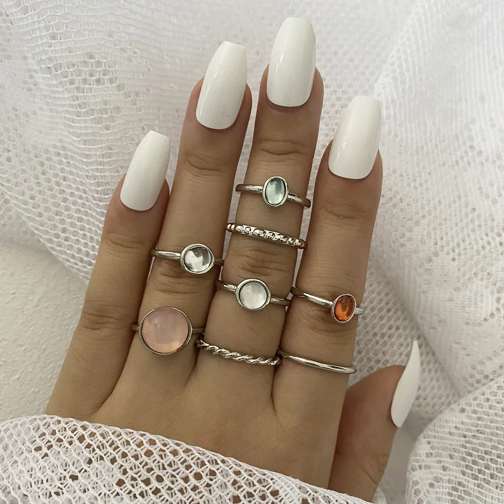 

Korean Colorful Stone Rings Set for Women Girls Trendy Metal Chain Geometric Round Vintage Rings Bagues Fashion Party Jewelry