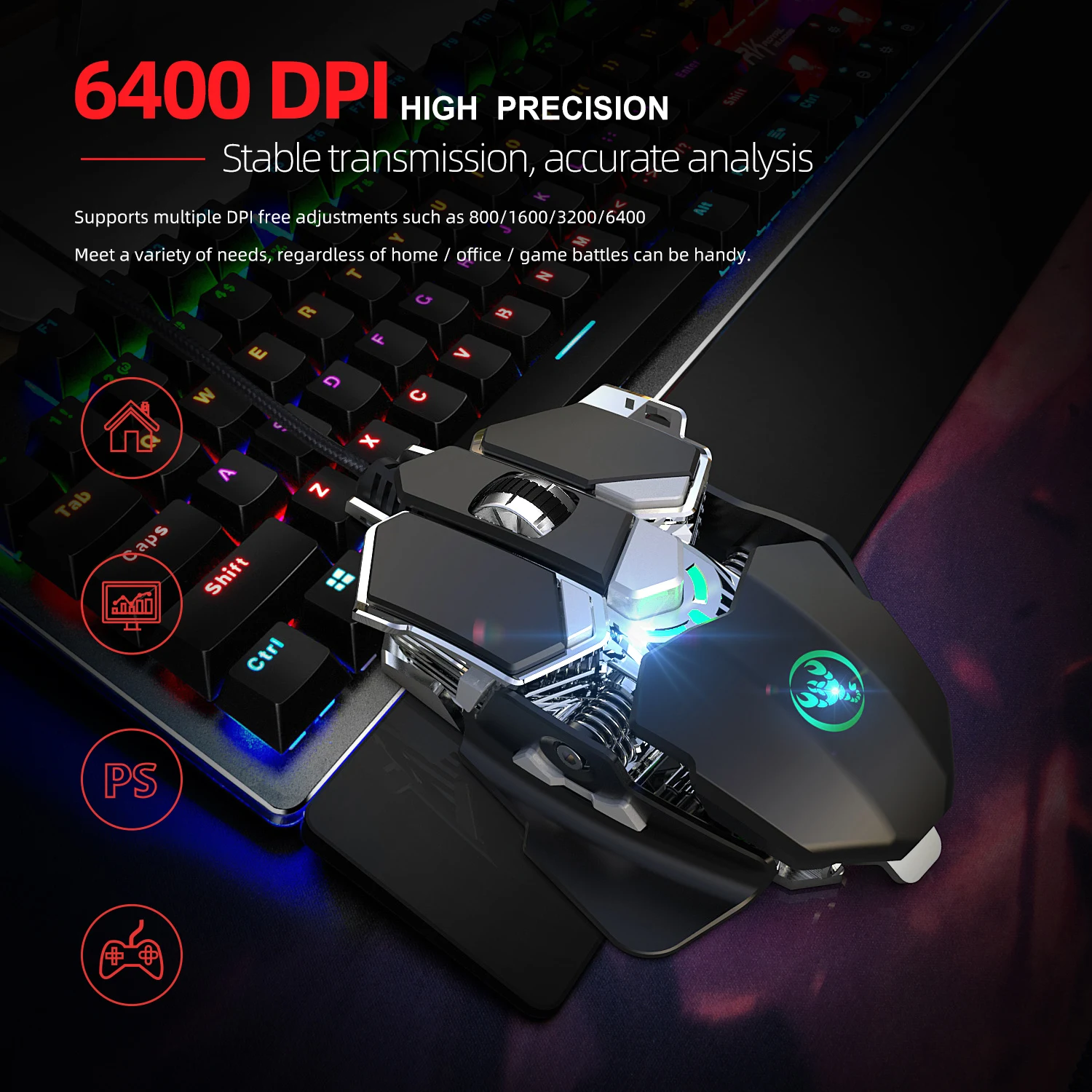 Мышь игровая Проводная Бесшумная USB 9 кнопок 6400DPI | Компьютеры и офис