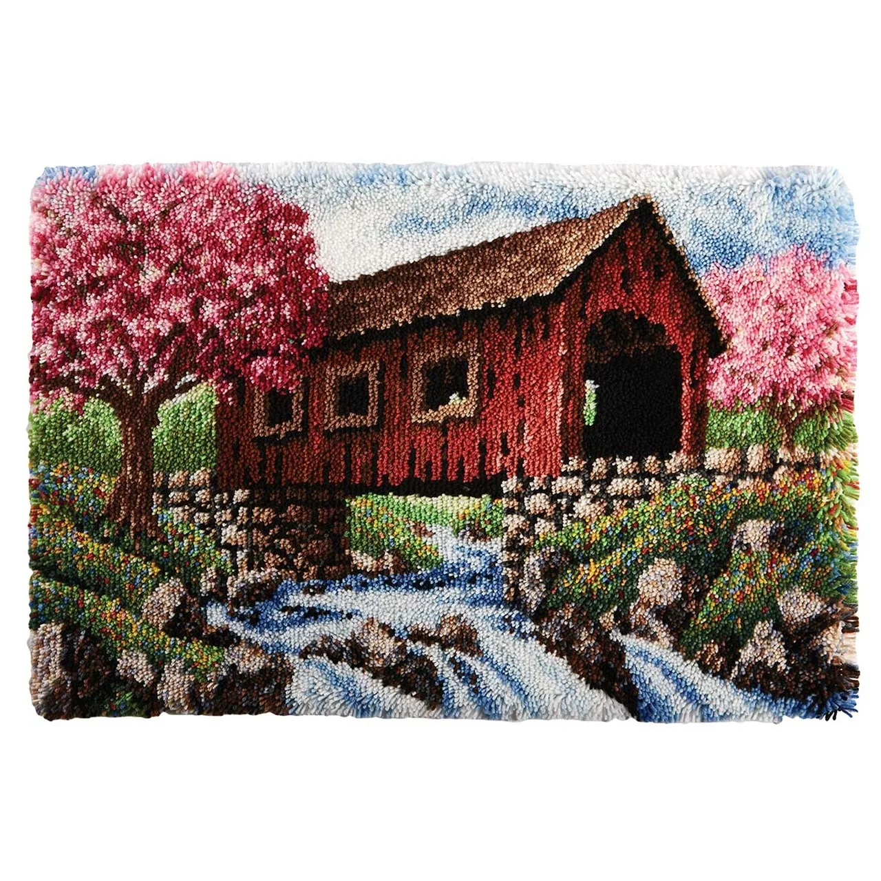 

Latch Hook Kits Spring Covered Bridge Wall Hanging DIY Carpet Rug Pre-Printed Canvas with Non-Skid Backing Floor Mat 102x69cm