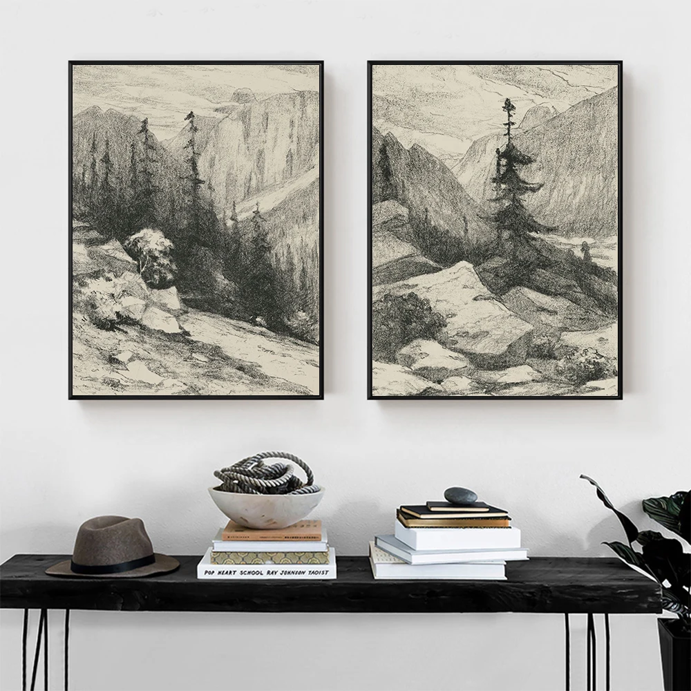 

Landscape Sketch Poster Vintage Botanical Art Print Neutral Canvas Painting Nordic Natural Wall Picture For Living Bedroom Decor