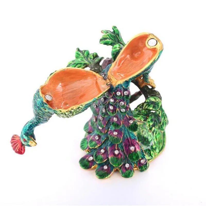 

Full Crystal Metal Peacock Crafts Jewelry Ring Trinket Box Bird With Tree Christmas Wedding Drop Shipping