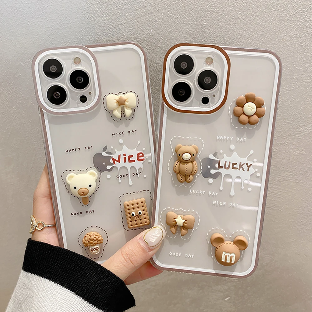 

3D Lucky Bear Biscuit Bow Flower Phone Case for iPhone 6 6S 7 8 Plus 11 12 13 Pro Max Soft Silicone Transparent Protective Cover