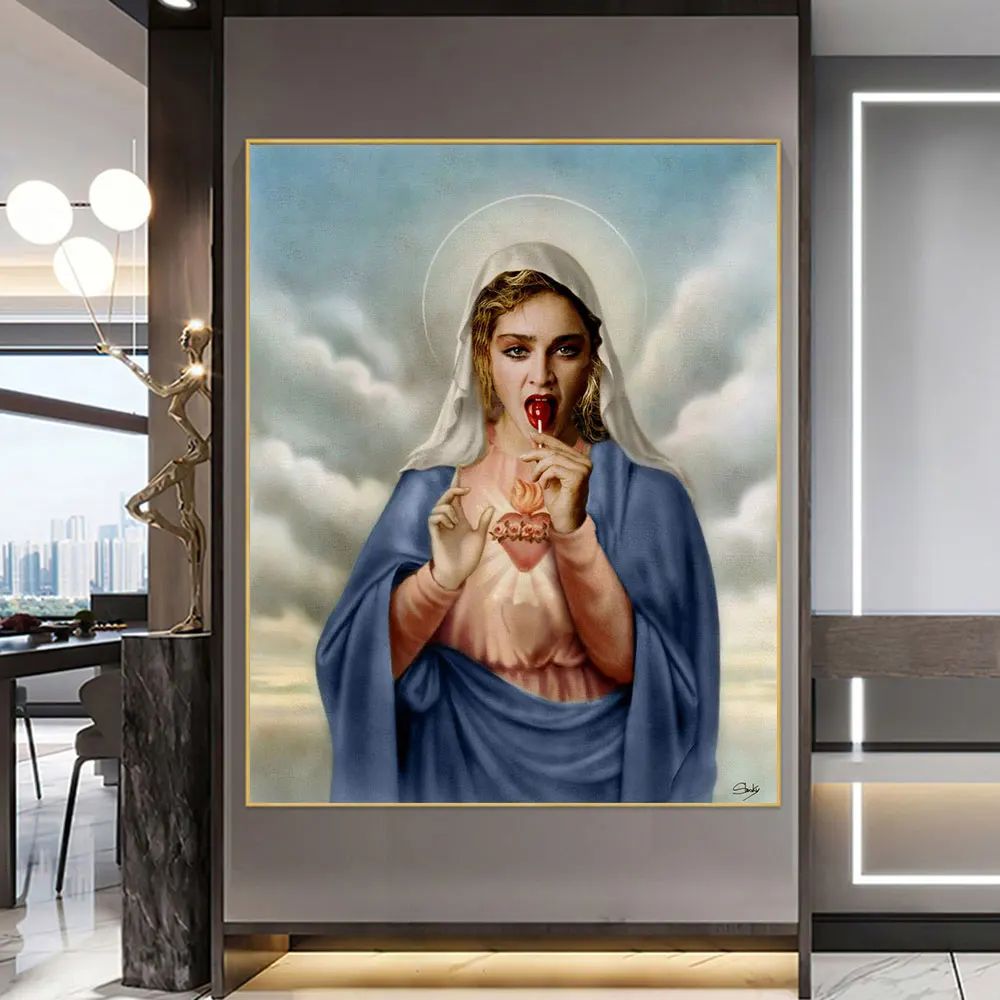 

Virgin Mary Eating a Lollipop Poster Prints Canvas Wall Art Funny Painting Sexy Red Lips Women Picture Living Room Home Decor