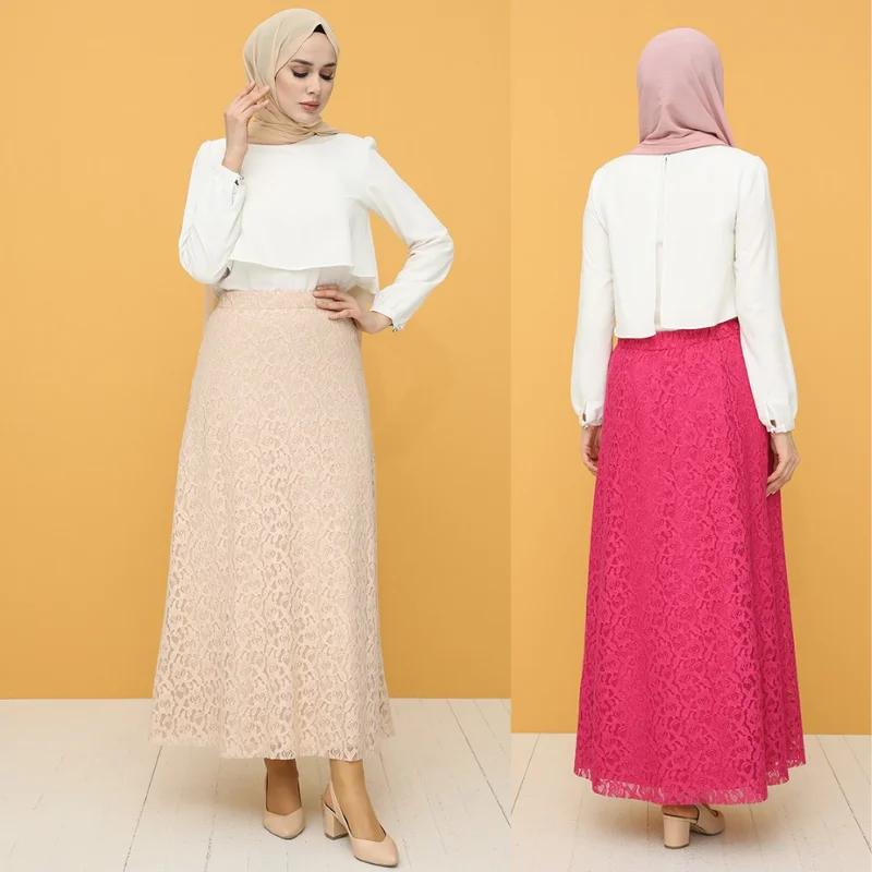 

2021 Women Long 100% Lace Covered Skirt Muslim Fashion Stylish Musulman Ensemble 4 Season Clothes Islamic Hijab Abaya New