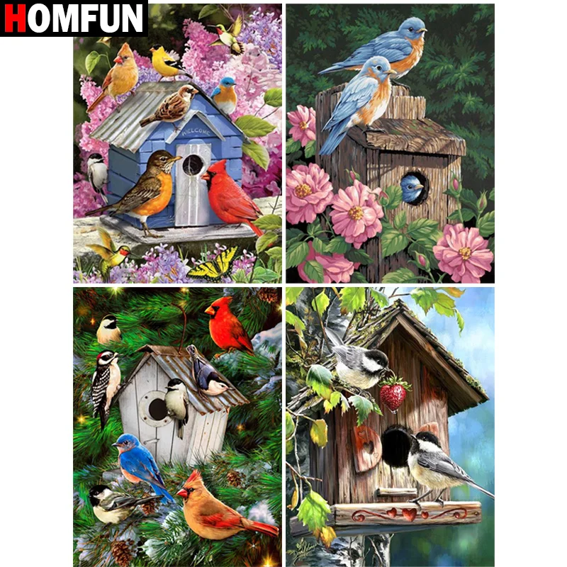 

Алмазная 5d-картина HOMFUN «сделай сам», вышивка крестиком, «Птичье дерево, птичье Птичье домик», домашний декор, полное стразы, инкрустация, алм...