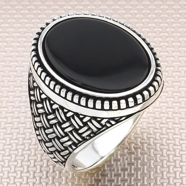 

Big Straight Oval Black Onyx Stone Men Ring With Wicker Motif Made in Turkey Solid 925 Sterling Silver Accessories Long Lasting