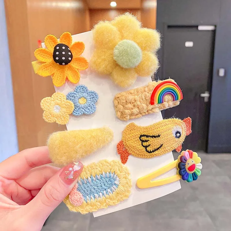 

10Pcs Children Winter Hair Clips Baby Girls Cute Cotton Cartoon Flower Ornament Soft Barrettes Hairpins Kids Hair Accessories
