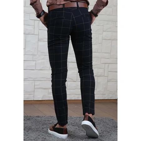 

MEN 'S PLAID SIDE POCKET MALE CLOTH TROUSERS DARK BLUE NAVY BLUE 452979607