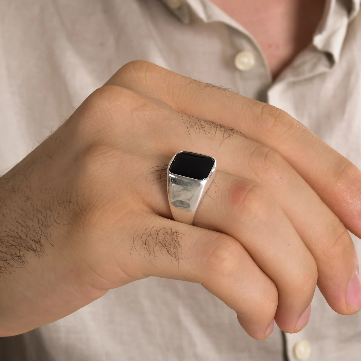Bague Goth en argent regardé 925 faite à la main pour hommes, pierre précieuse d'onyx noir rectangulaire, modèle uni