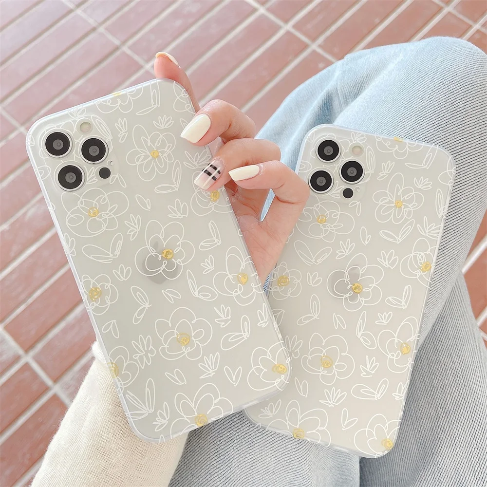 

Cute Flowers Phone Case For iPhone 11 12 13 Pro Max 7 8 Plus X XR XS Max 13 12 Mini SE 2020 Artistic Line Plant Clear Soft Cover