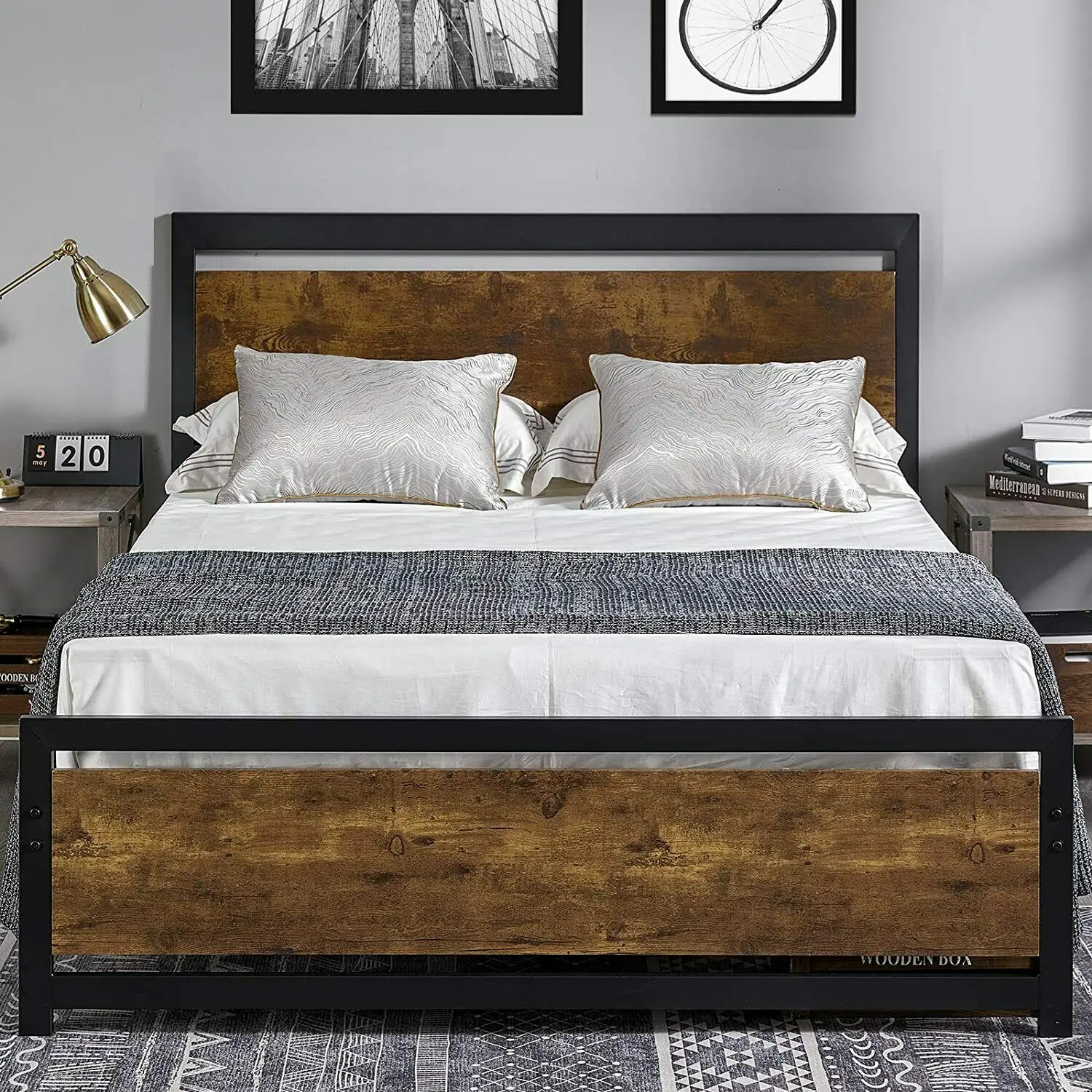 

Full/Queen Size Bed Frame with Wood Headboard Metal Platform Bed Heavy Duty Ship from US Free Shipping