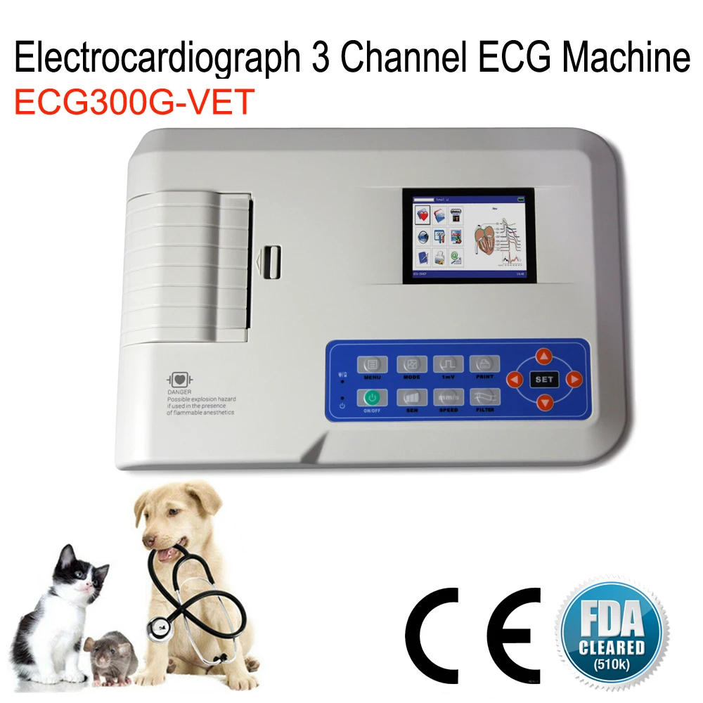 

ECG300G ECG Machine Veterinary 3 Channel 12 Leads EKG Monitor 4.3" Color Display Digital Electrocardiograph Printing + software