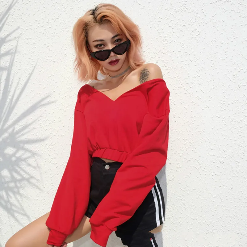 Женская рубашка повседневная с длинным рукавом v-образным вырезом укороченные