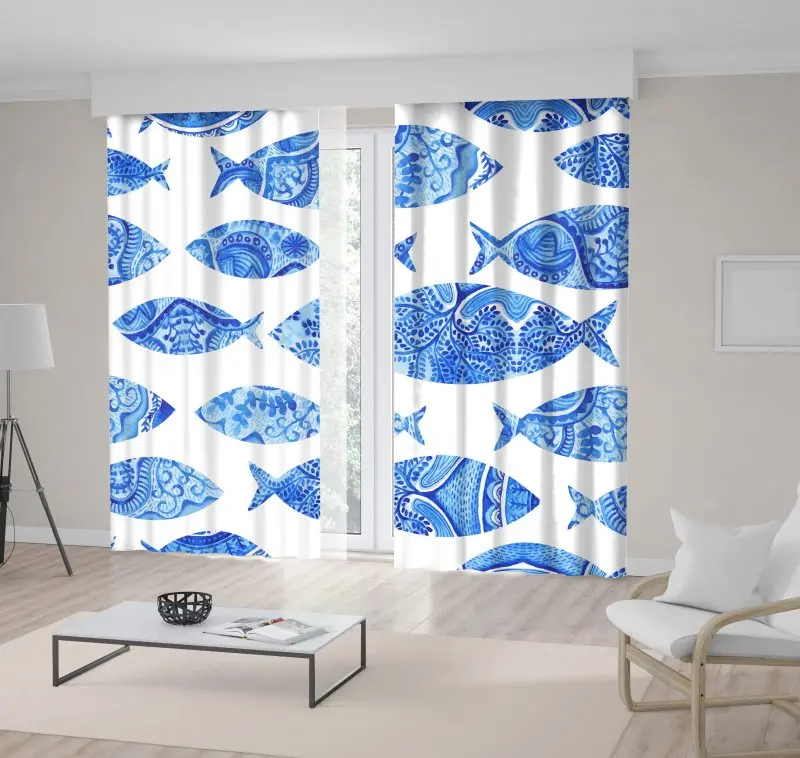 

Curtain Fish Patterns Undersea Aqutic Life Decorative Classic Style Artwork Blue White