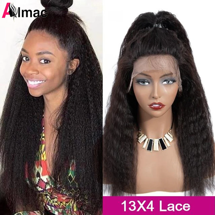

13x4 Kinky Straight Lace Frontal Wig Ear to Ear Transparent Lace Wigs For Women Brazilian Remy Yaki Human Hair Wig Natural Color