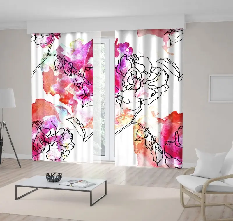 

Curtain Flowers Pattern Drawn on Watercolor Splashes Summer Hawaiian Style Art Red Fuchsia White