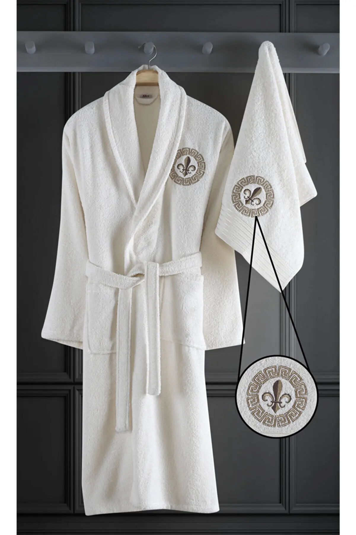 High quality embroidered cotton 2 piece bathrobe set cream men's robe set unisex bathrobe towel set bath robe