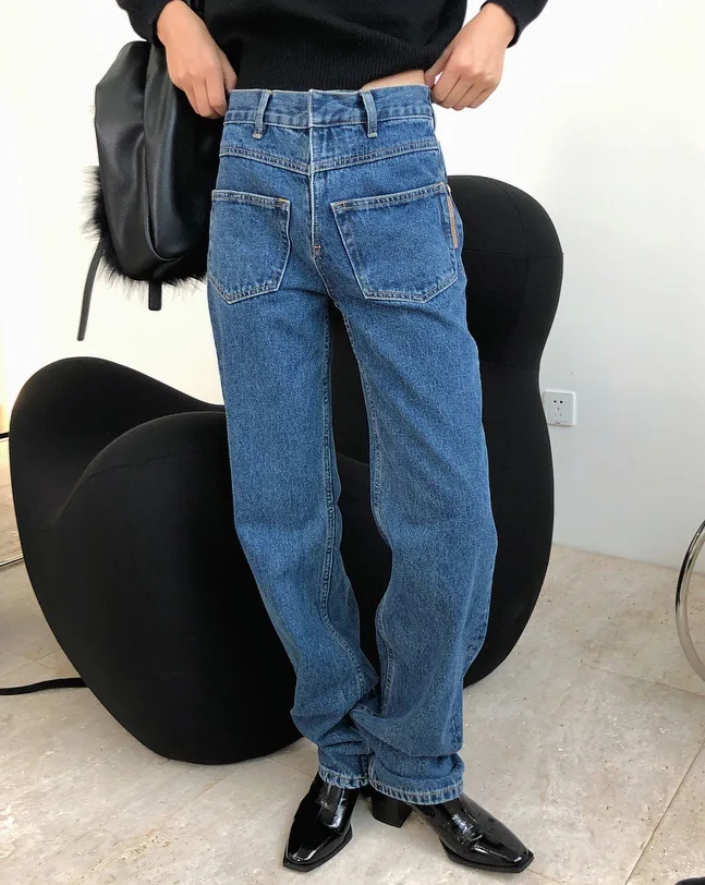 woman straight blue inside out jeans