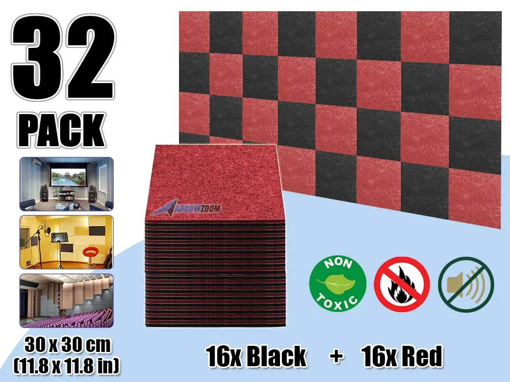 32 pcs Black - Red Arrowzoom звукопоглощающие акустические полиэфирные тканевые студийные стеновые панели 11," x 11,8" Набор комбинированных цветов AZ1093 - Color: 32 pcs Black - Red