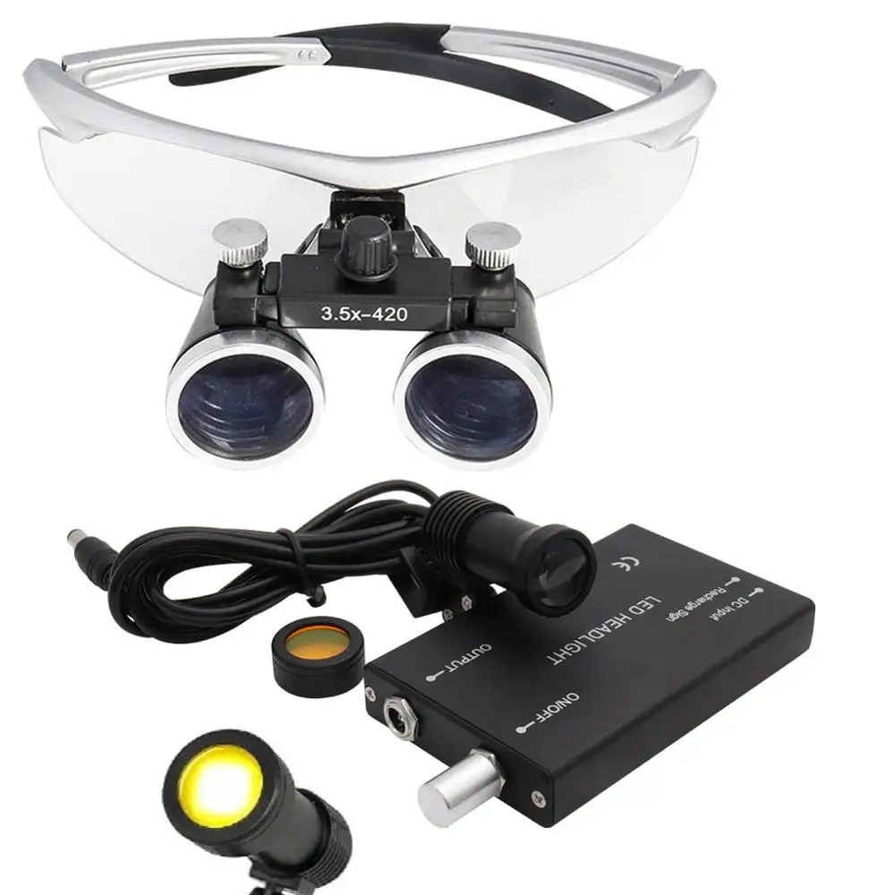 silver loupe 3.5X Стоматологическая Лупа Стоматологическая Лаборатория Медицинская Лупа зубная лупа набор с 5 Вт фар фильтр три цвета - Цвет: silver loupe